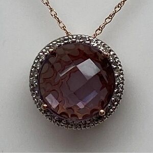 10K Rose Gold Round Amethyst and 0.13 ct twt Diamond Pendant with Chain New